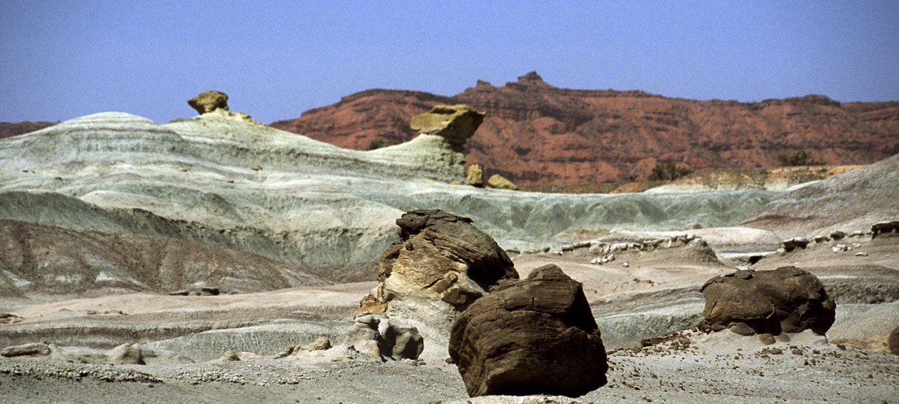arg06_109m-p.jpg - Argentine, Noroeste, janvier 2006 de Valle Fertil à Talampaya Ishigalasto (la vallée de la lune), et ses paysages minéraux. Le plus important gisement au monde de fossiles de dinosaures..