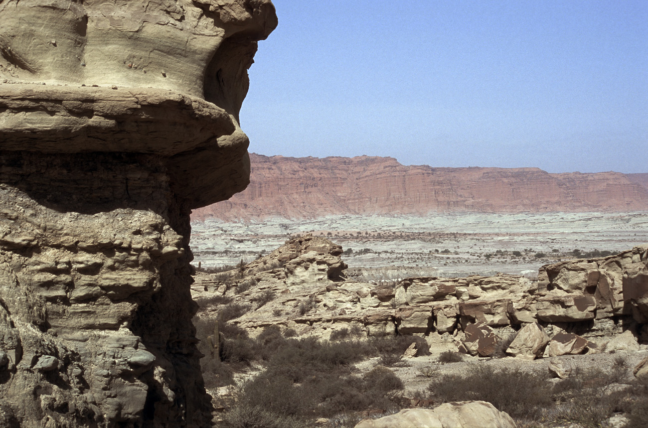 arg06_114m.jpg - Argentine, Noroeste, janvier 2006 de Valle Fertil à Talampaya Ishigalasto (la vallée de la lune), et ses paysages minéraux. Le plus important gisement au monde de fossiles de dinosaures..