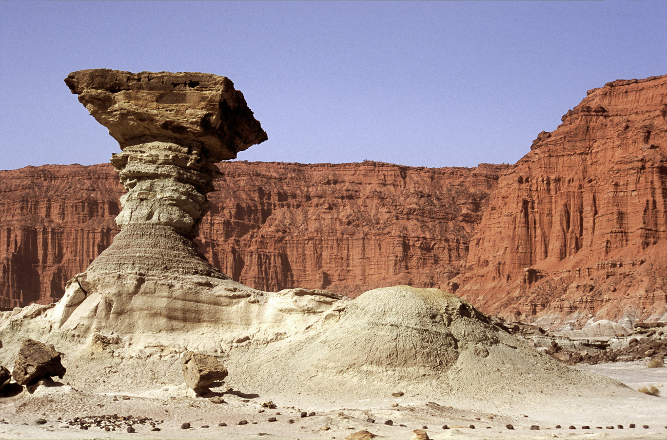arg06_123m.jpg - Argentine, Noroeste, janvier 2006 de Valle Fertil à Talampaya Ishigalasto (la vallée de la lune), et ses paysages minéraux. Le plus important gisement au monde de fossiles de dinosaures..