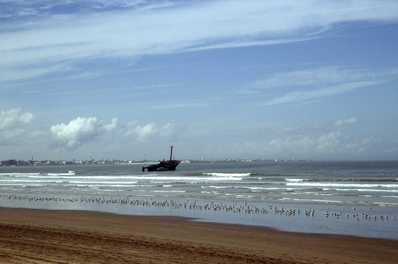mar0411_008.jpg - Côte atlantique Nord, octobre-novembre 2004 El Jadida la baie et une carcasse de cargo échouée près de la côte au nord de la ville Ektachrome 100 GX